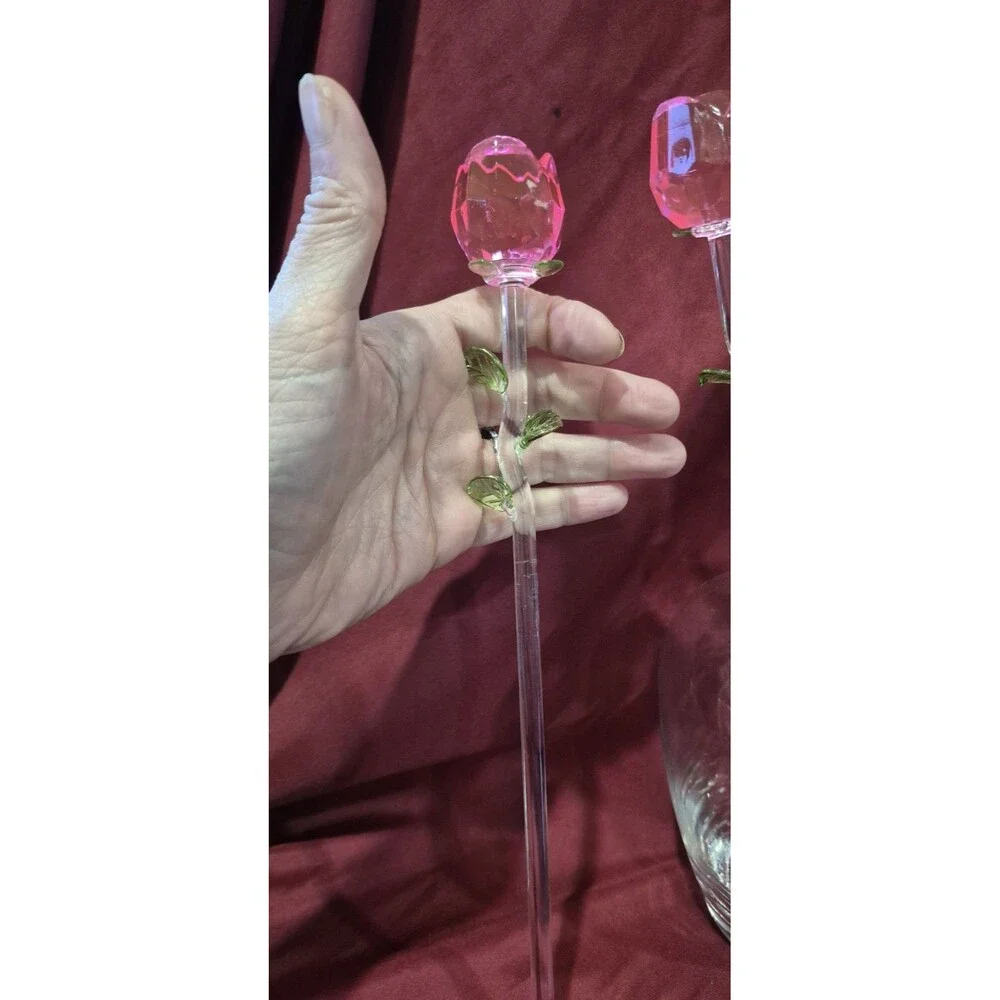 New Eros Glass Rose Bouquet Set 6 Crystal Pink Roses 8” Heart Vase New In Box